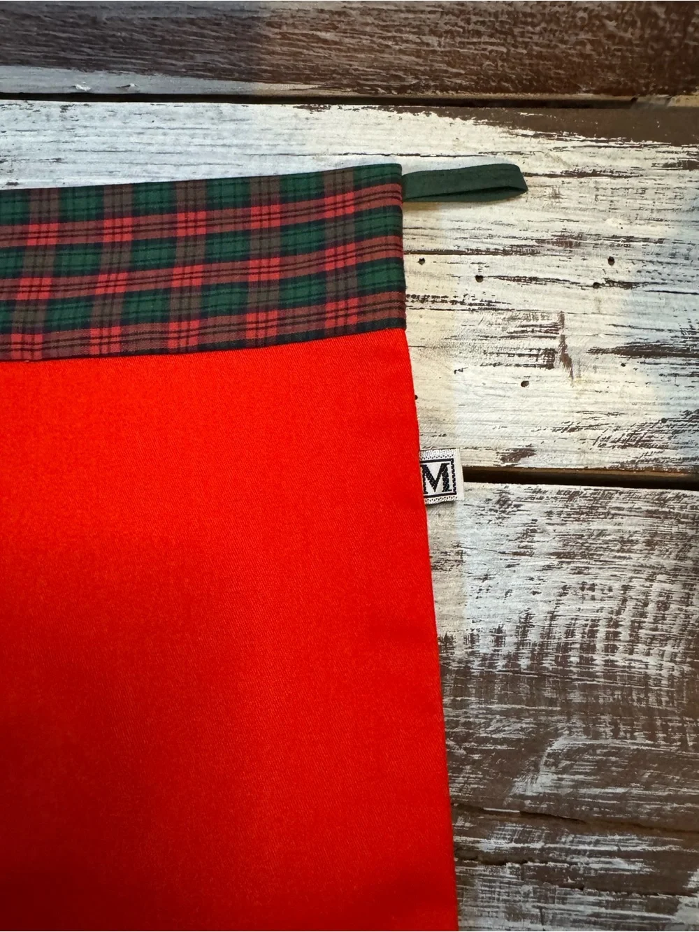 Source Unknown Red Christmas Stocking with Plaid Duck Applique